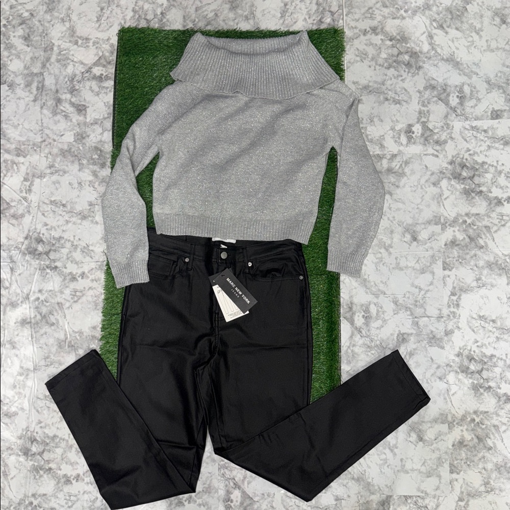 Garage Black Straight-Leg Pants leather. Paired with a grey sparkly seater top